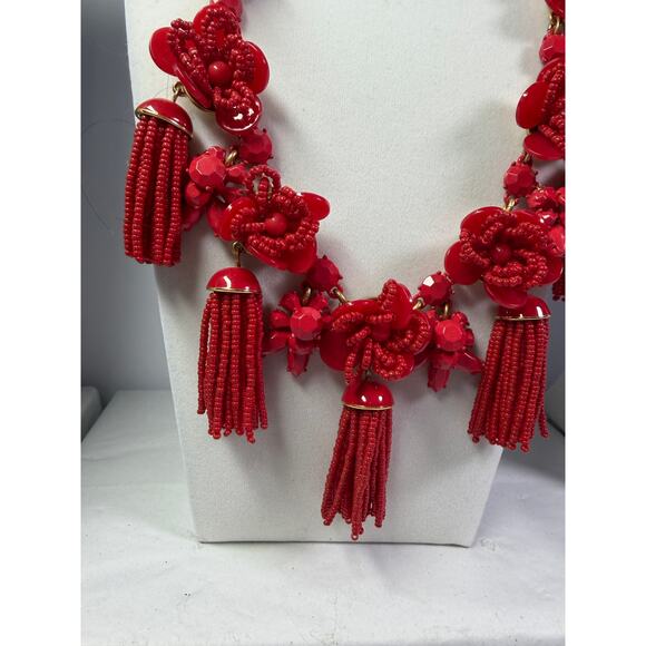 J. Crew holiday red honeymoon flower floral tassel statement runway necklace - Picture 3 of 6